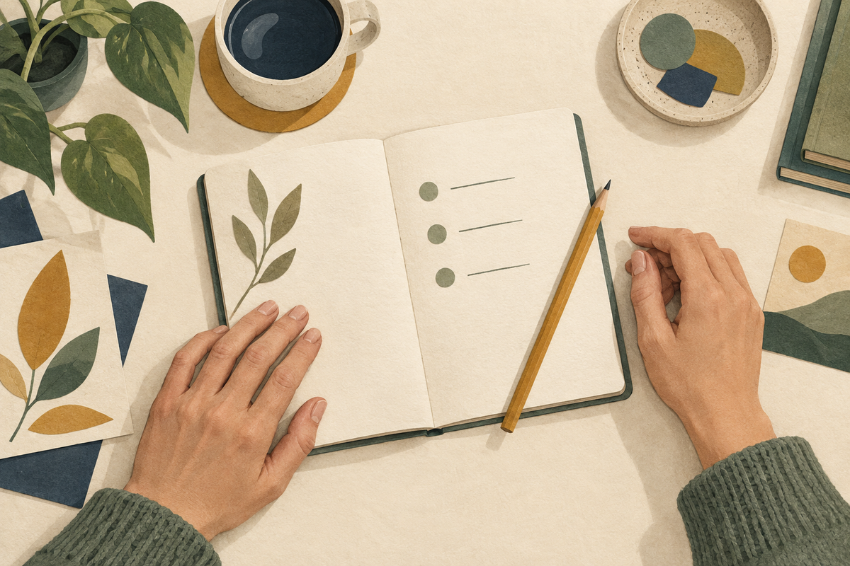 Illustration of hands beside a notebook for planning a response to nail-picking urges.