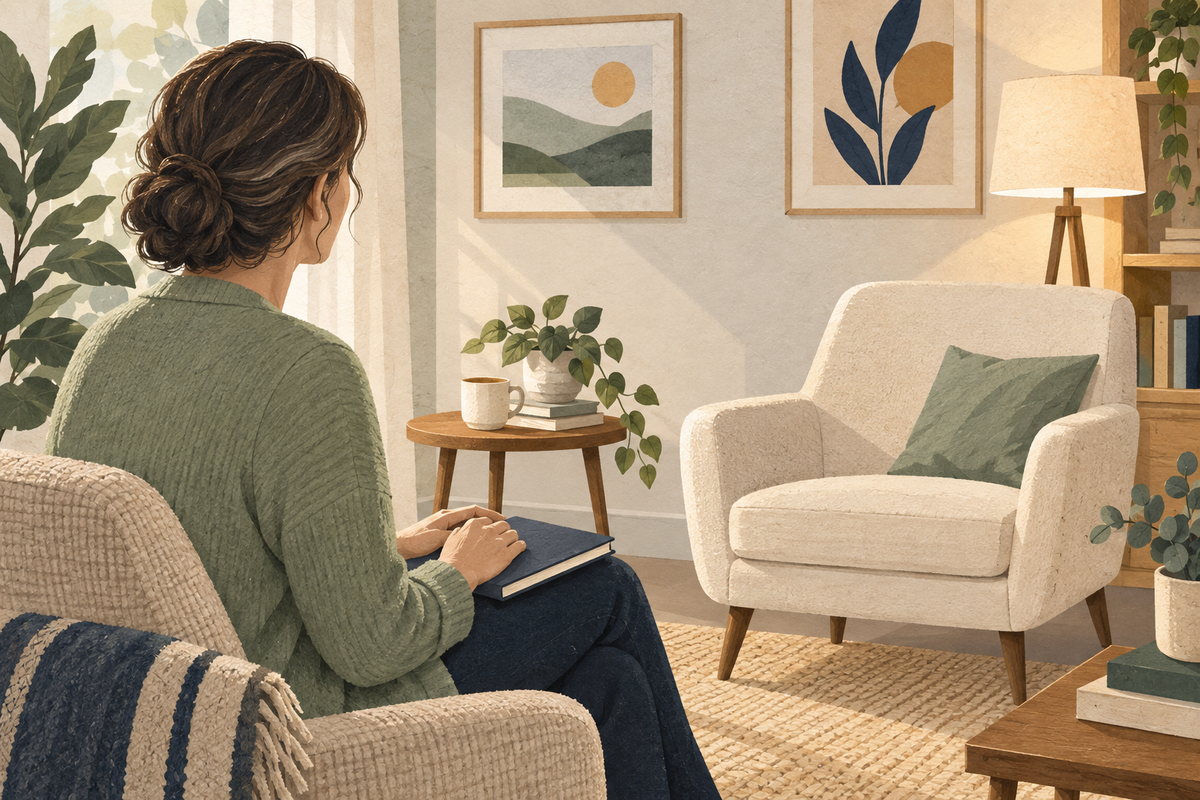 Illustration of a woman holding a notebook while preparing for a supportive consultation.