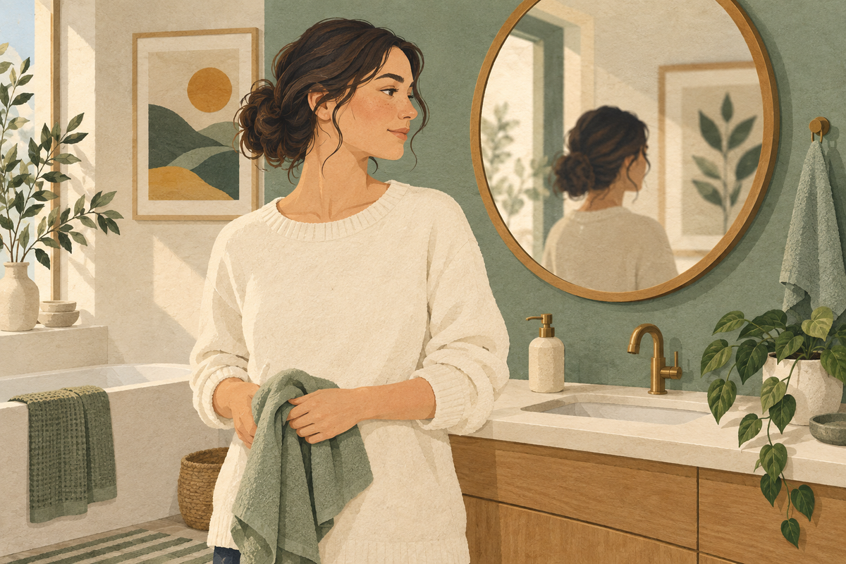 Illustration of a woman stepping away from a bathroom mirror while holding a soft towel.