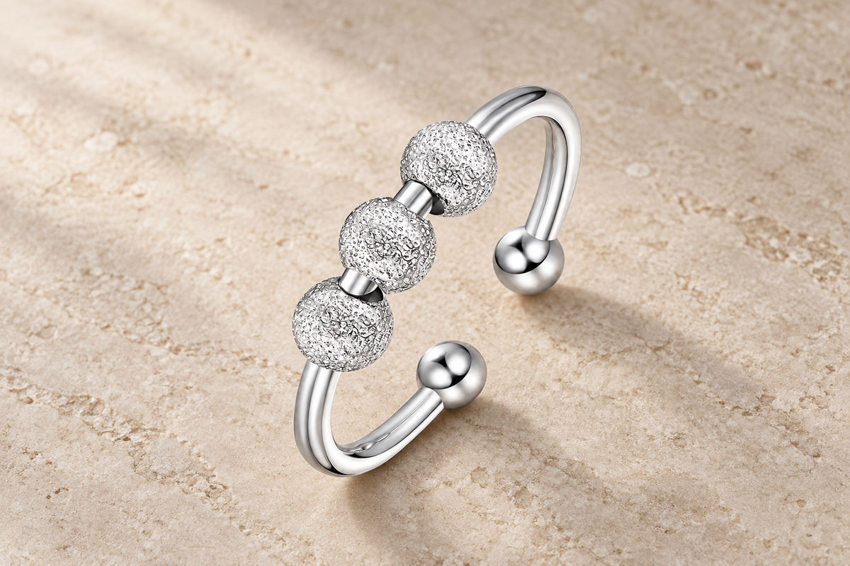 The Anchor Ring with three large textured silver beads and an adjustable open band.