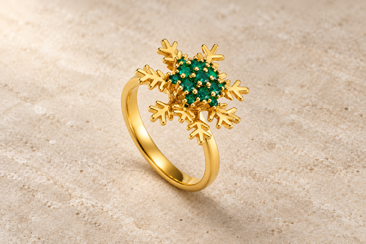 The Frostbloom Ring with green crystals and a gold-tone snowflake design.