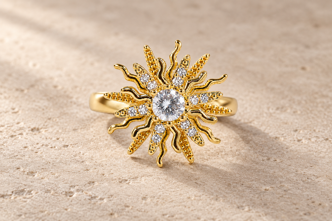 The Sunburst Ring with a clear center crystal and alternating gold sun rays.
