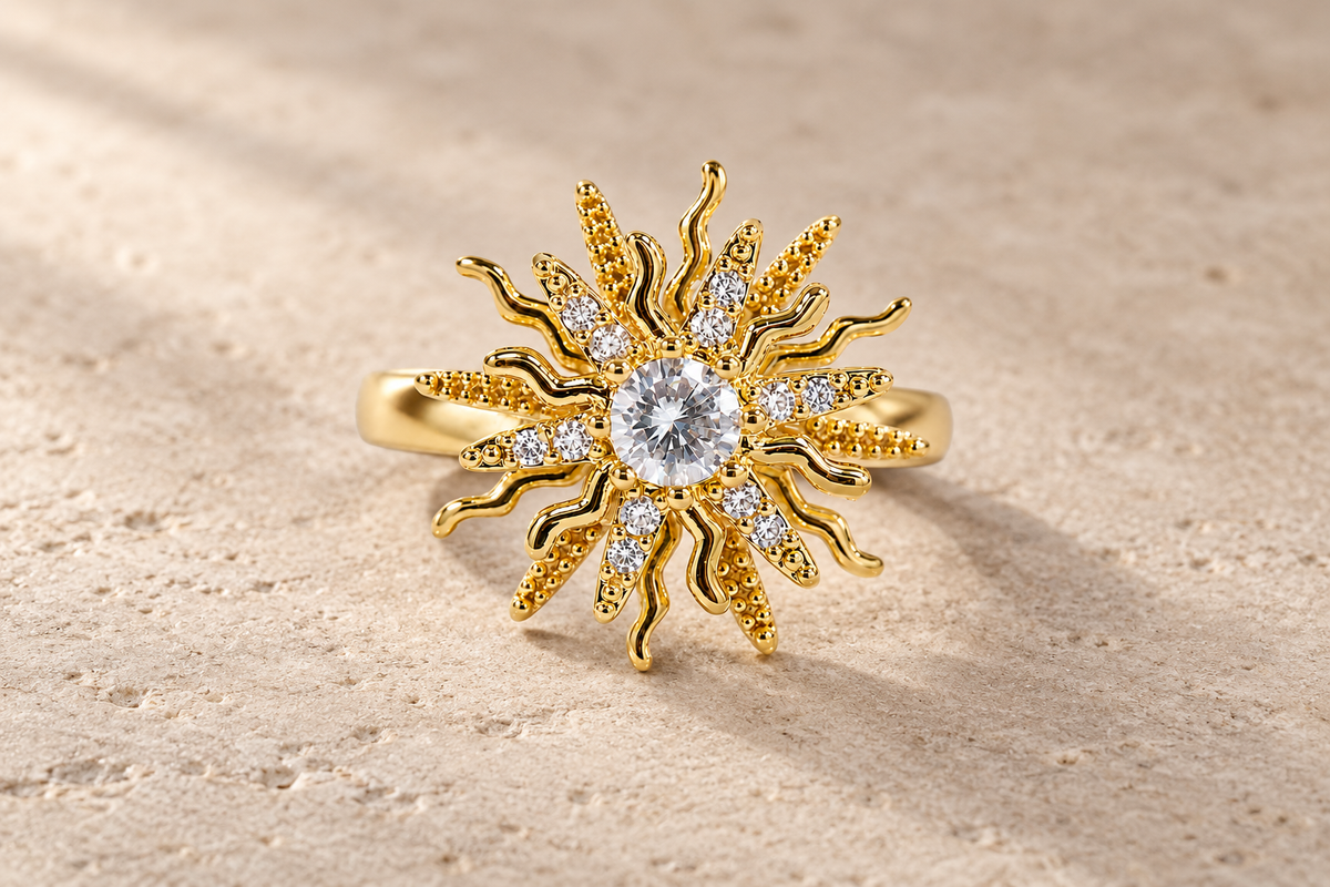 The Sunburst Ring with a clear center crystal and alternating gold sun rays.