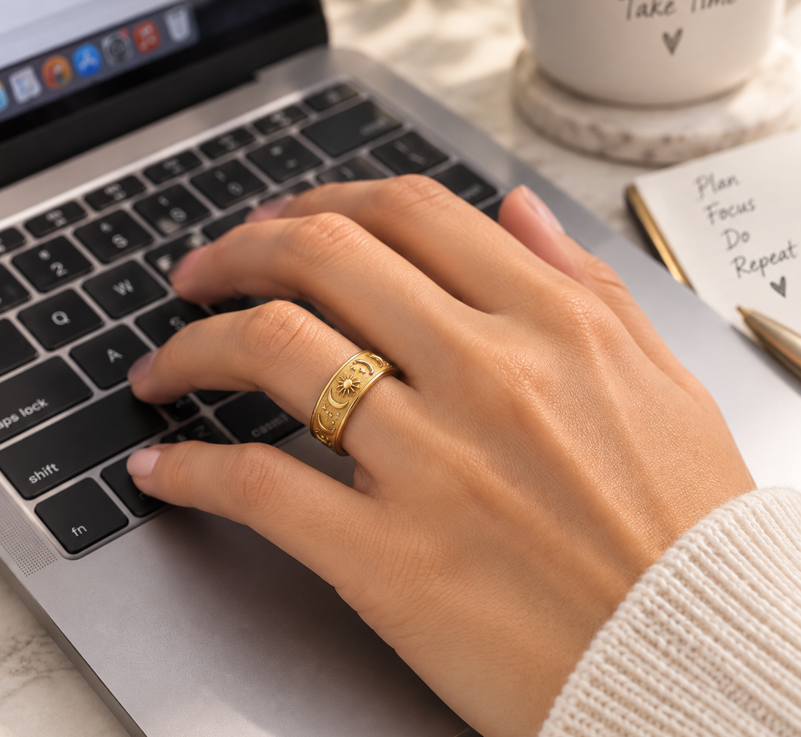 The Cosmos Ring worn on a finger, shown at everyday scale — Anxiety Spinner Ring
