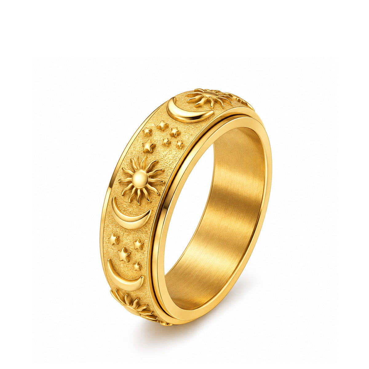 The Cosmos Ring in gold with a raised sun, moon and star pattern on a rotatin...