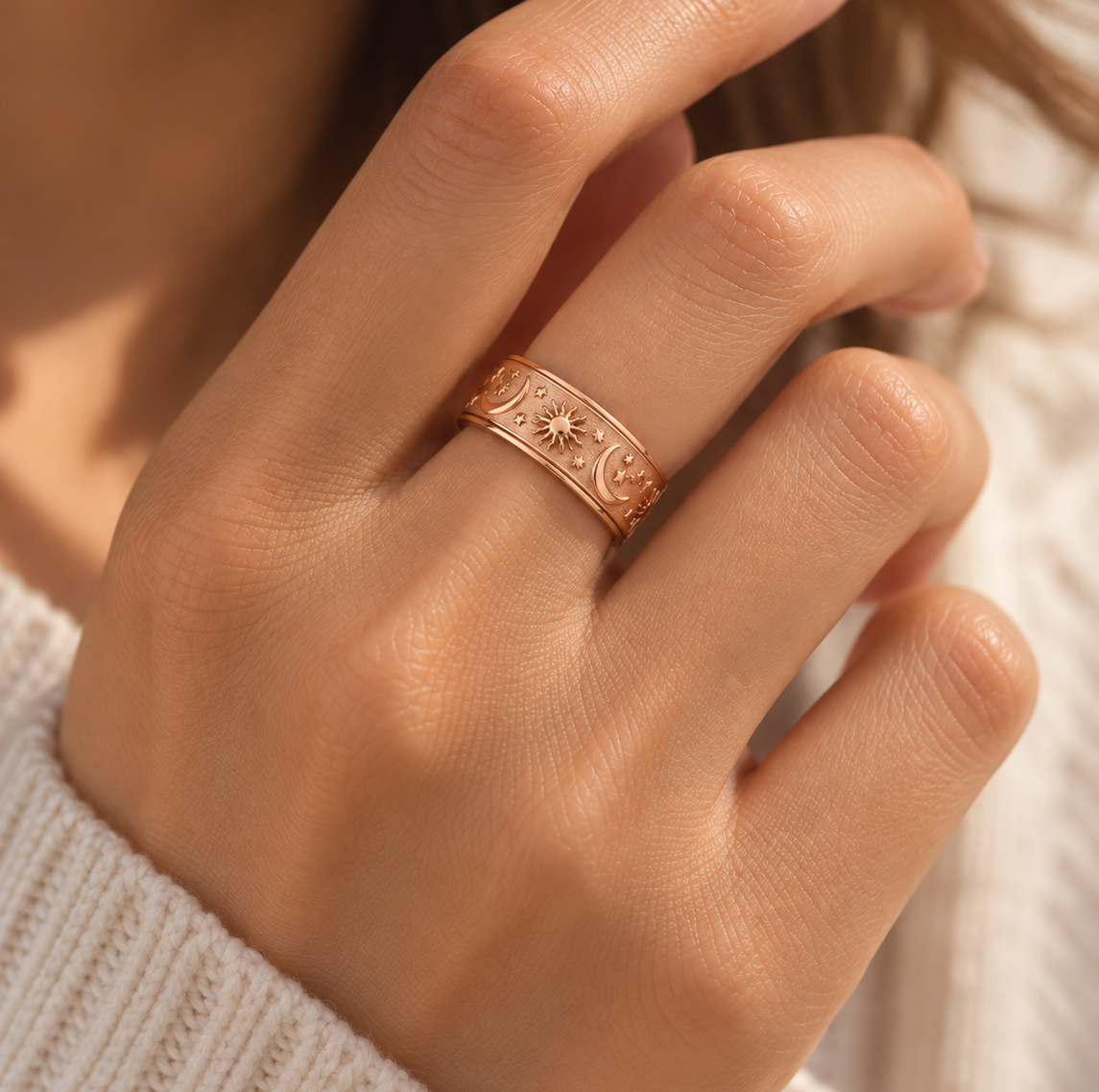 Close-up of the Cosmos Ring celestial pattern and brushed finish
