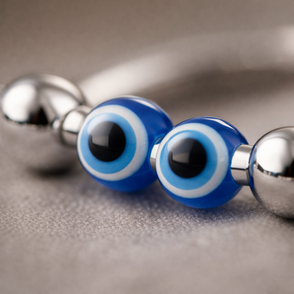 Close-up of blue evil eye beads with silver accents on a textured surface — A...