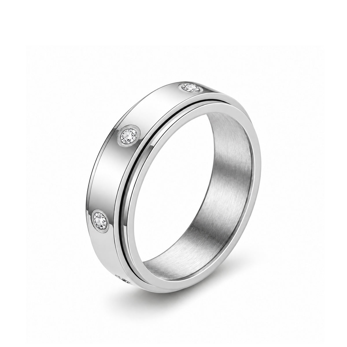 The Orbit Ring in gold with a rotating outer sleeve and five bezel-set crystals