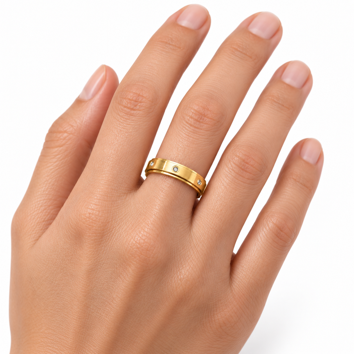 The Orbit Ring five bezel-set crystal detail