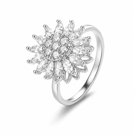 Sunbloom crystal petal spinner ring close-up