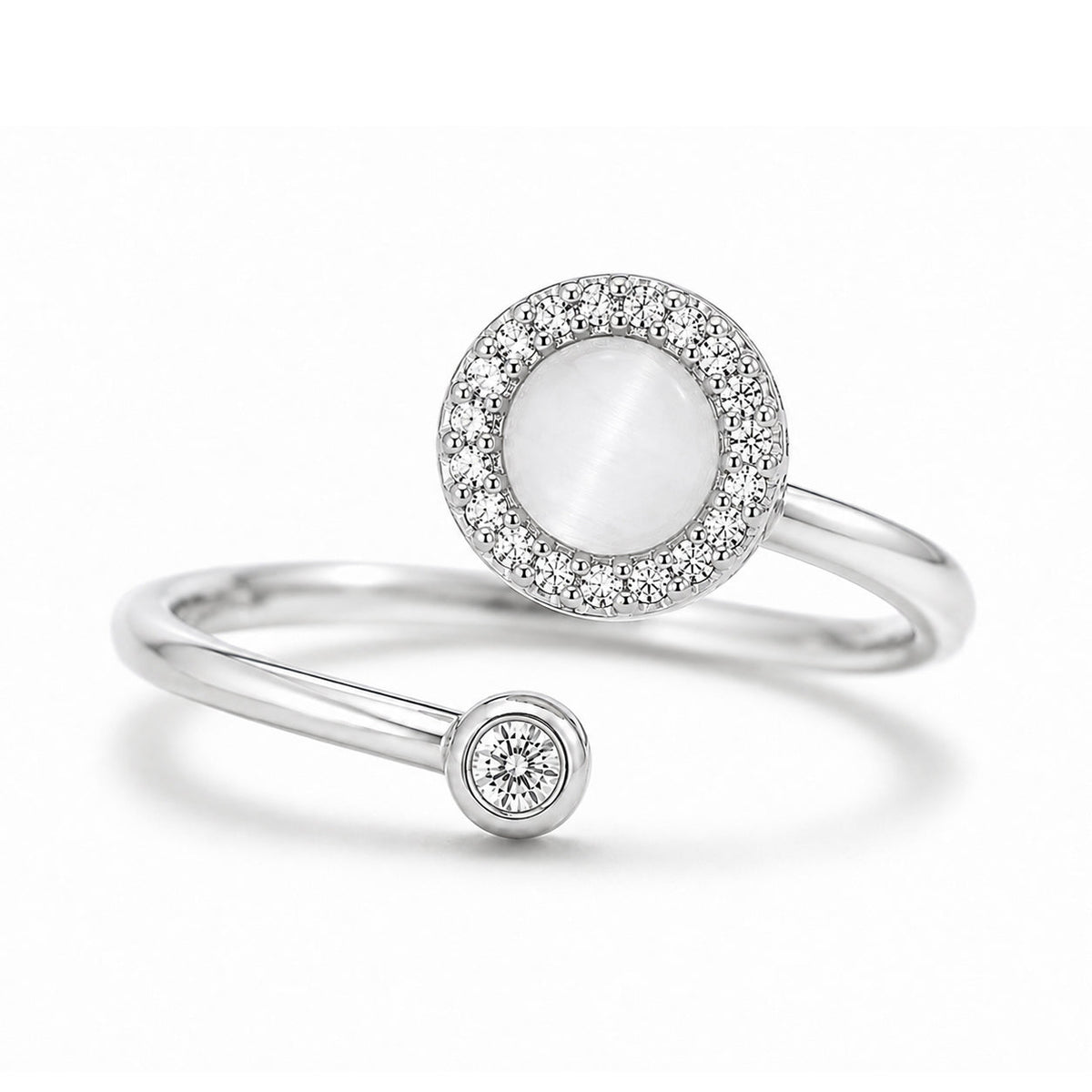 The Lunar Ring in silver with a moonstone-effect centerpiece and crystal halo